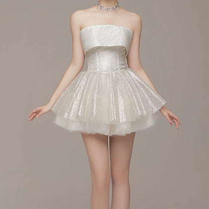 Elegant Glitter Hight Waist Solid Party Dress Fashion Backless Slim Evening Dress Sexy Strapless Sleeveless Bodycon Mini Dresses