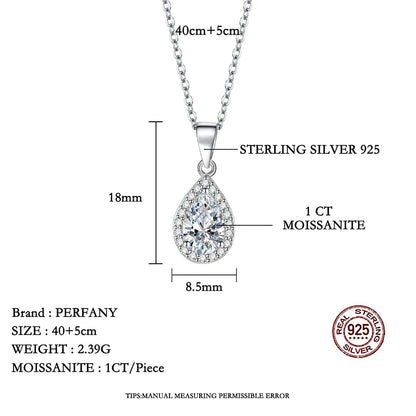 PERFANY 1CT Pear Cut Moissanite Necklace for Women S925 Pure Silver Sparkling Diamond Pendant Luxury Jewelry Party Gift