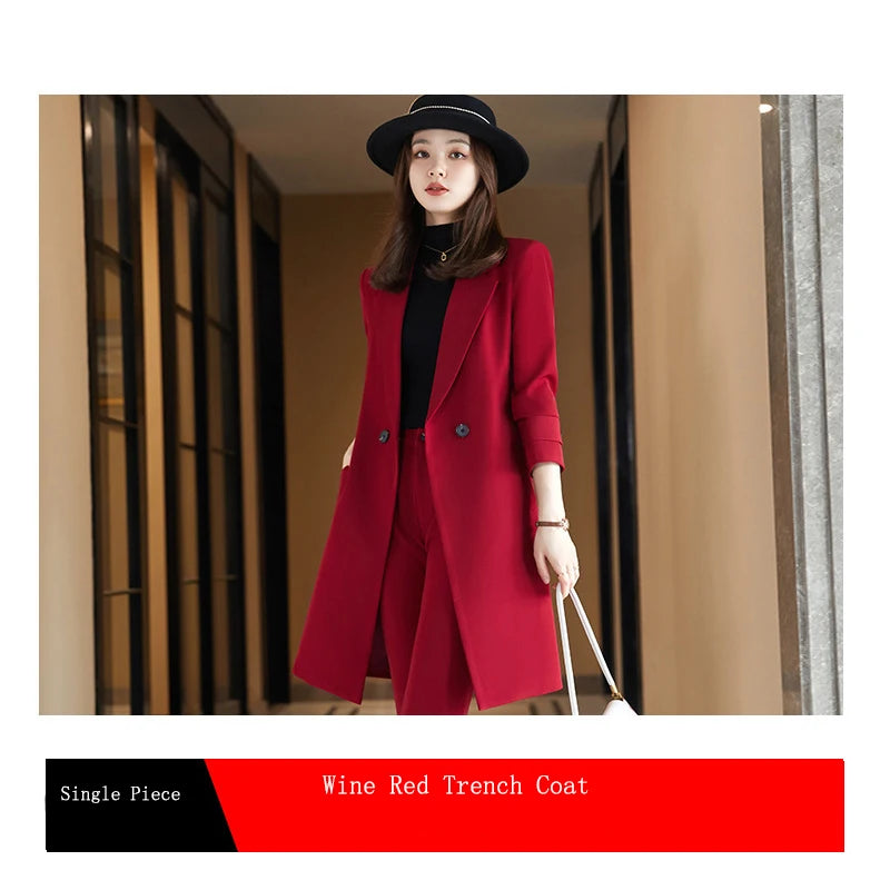 2022 Winter High-end Women's Business Suit Pants Two-piece Set Temperament Slim Solid Color Lady Double Breasted Trench Coat