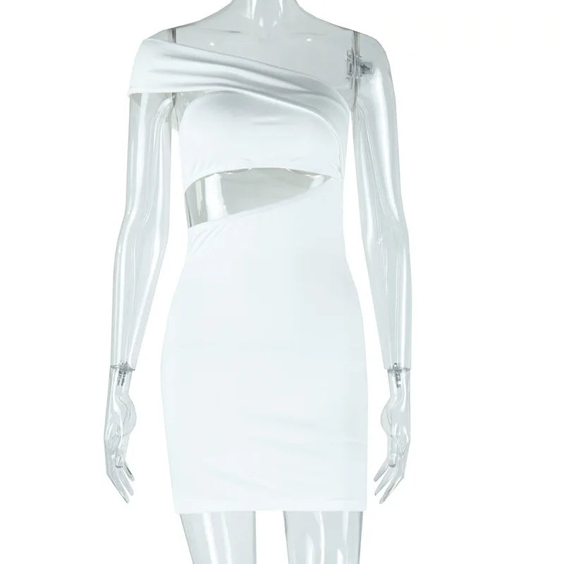 Joskaa Elegant Solid Cutout Mini Party Dresses Women Hipster Sexy Skew Collar Sleeveless Body-Shaping Vestidos Midnight Clubwear