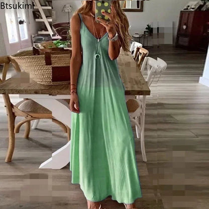 Plus Size 4XL 5XL Women's Summer Casual Loose Strap Dress Sexy Beach Boho Maxi Dress Large Size Long Dresses Female Robe Femme