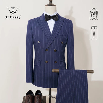 ST Cassy 高品質の男性用ストライプスーツ スリムフィット 高級男性服 エレガントなメンズスーツ ウェディングトレンドコスチューム