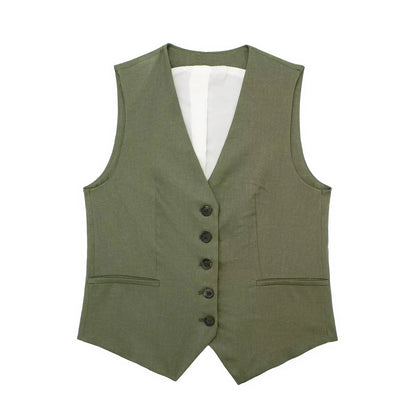 TRAFZA Women's Fashion Solid Linen Waistcoat Top V Neck Button Loose Casual Vest Summer Woman Streetwear Chic Vests Waistcoat