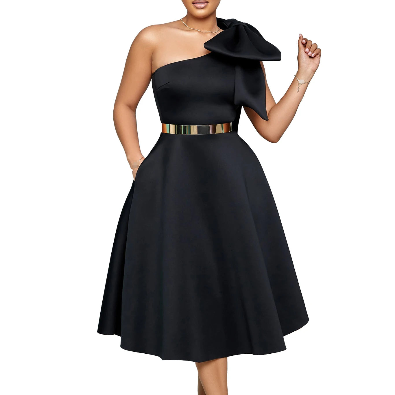 French One Shoulder A Line Pleated Birthday Party Dresses Women Bow Sleeveless Belt Large Skirt Elegant Women's Party Dress