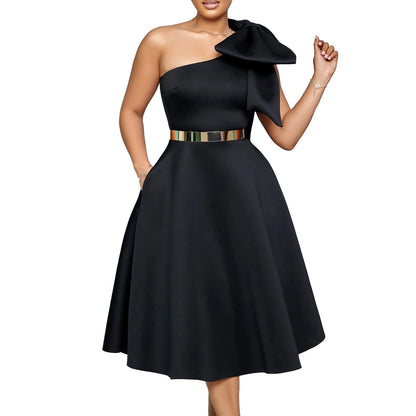 French One Shoulder A Line Pleated Birthday Party Dresses Women Bow Sleeveless Belt Large Skirt Elegant Women's Party Dress