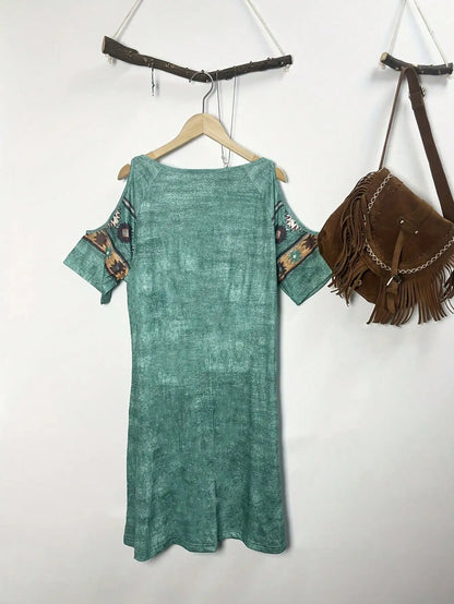 Women's Geometric Print Off-the-shoulder Short Sleeve Dress Western Retro Style Dress Women's Clothing