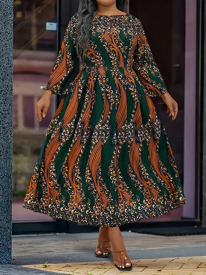 Plus size dress 1XL-5XL African tribal nationality printed large round neck long sleeve A-line skirt elegant fashion holiday