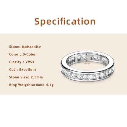 Lnngy 2.5mm Moissanite Diamond Rings Certified 925 Sterling Silver Eternity Band For Women Couples Wedding Ring Jewelry Gift