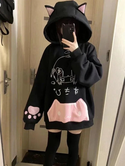 日本の漫画プリントフリースパーカー レディース 原宿ゴシック 猫耳 フード付き ヴィンテージ パーカー ストリートウェア Y2K 美的 スウェットシャツ