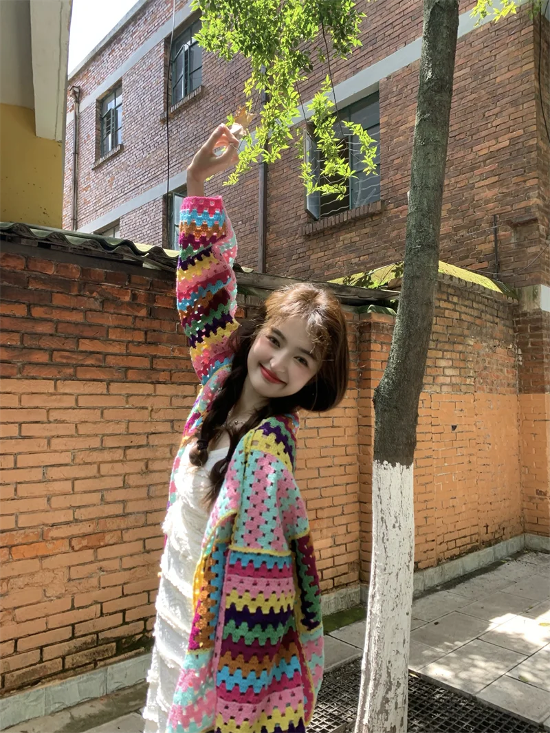 SALIENCY Colorful Crochet Knit Hollow Cardigan Sweater Jacket Women Spring Top Loose Short Knitwear