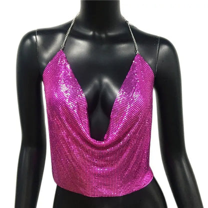 Glitter Metal Sequins Backless Camisole For Women Sexy Deep V Neck Halter Neck Sleeveless Tank Top Lady Nightclub Party Crop Top