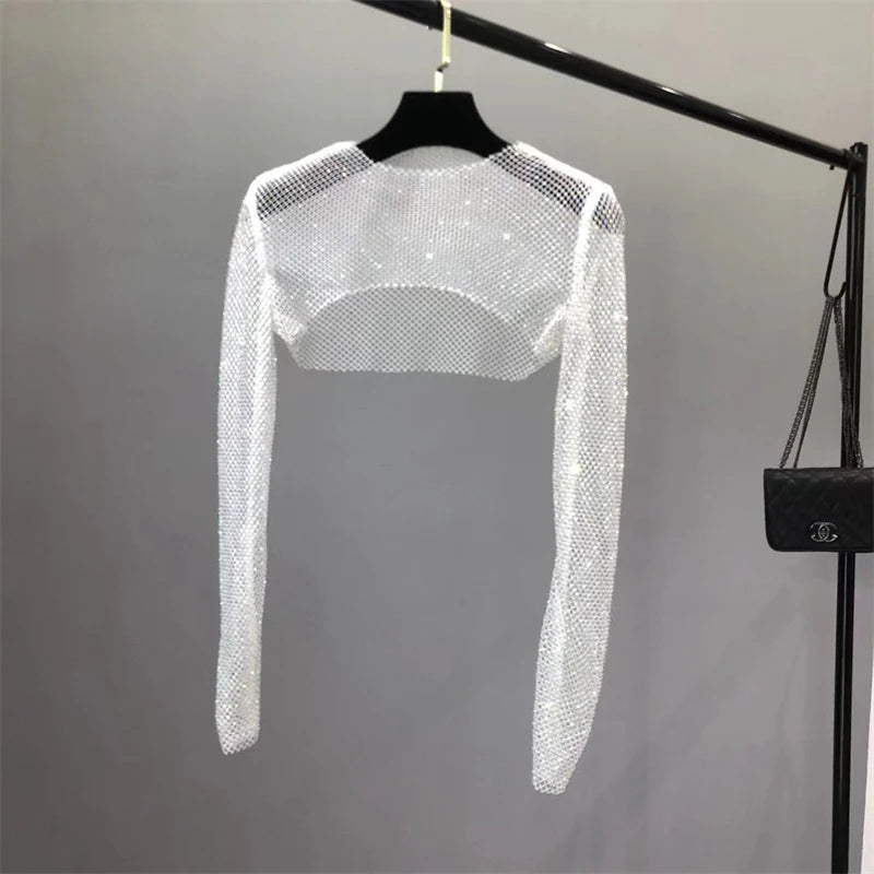 Handmade Women's Glitter Diamante Crop Top Sexy Hollow out Design Black Shining Tube Vest Short Tank Clubwear with Diamonds