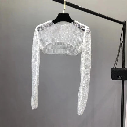 Handmade Women's Glitter Diamante Crop Top Sexy Hollow out Design Black Shining Tube Vest Short Tank Clubwear with Diamonds