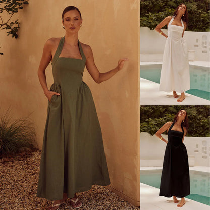 Fashion Halter Neck Long Dresses Women 2024 Summer New Sexy Backless Temperament Commuting Maxi Dress Female Streetwear Vestidos