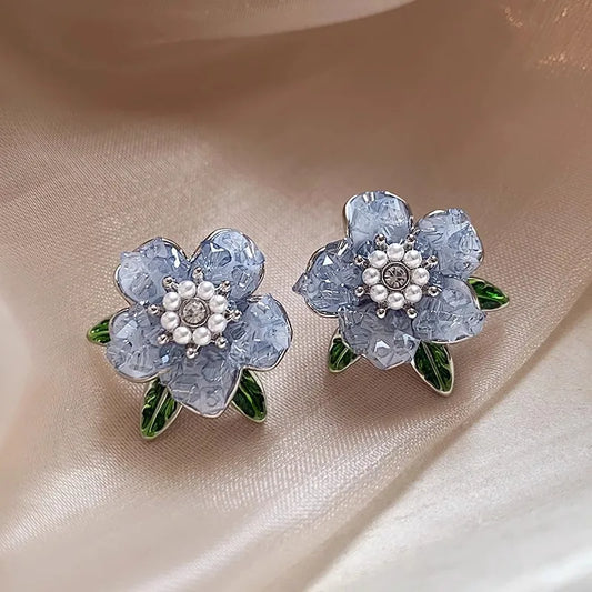 Korean Fashion Pink Blue Crystal Camellia Flower Earrings For Women Elegant Pearl Rhinestone Flowers Stud Earring Casual Jewelry