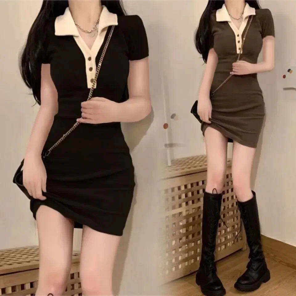 セクシースリムフィット長袖ポロネックミニスカートワンピース ショート丈 ポリエステル繊維 レディースファッション 春秋 韓国風