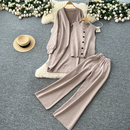 SINGREINY Autumn Knitted Warm Suits V Neck Buttons Vest+Full Sleeve Long Cardigans+Wide Legs Pants Women Solid Three Pieces Sets