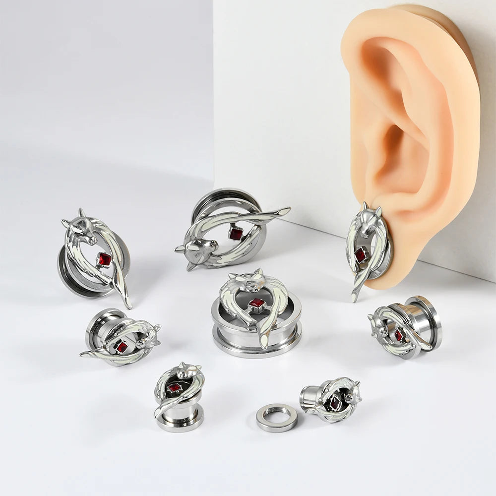 1PC Stainles Steel Luminous Wolf Head Red CZ Ear Plugs Expanders Screw Ear Gauge Earring Gauges Stretchers Body Piercing Jewelry