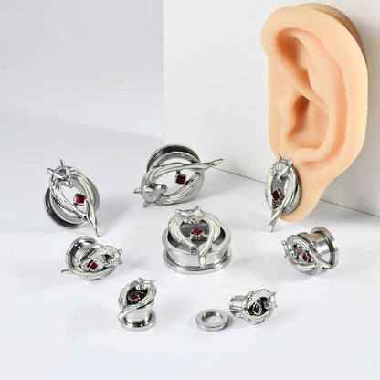 1PC Stainles Steel Luminous Wolf Head Red CZ Ear Plugs Expanders Screw Ear Gauge Earring Gauges Stretchers Body Piercing Jewelry