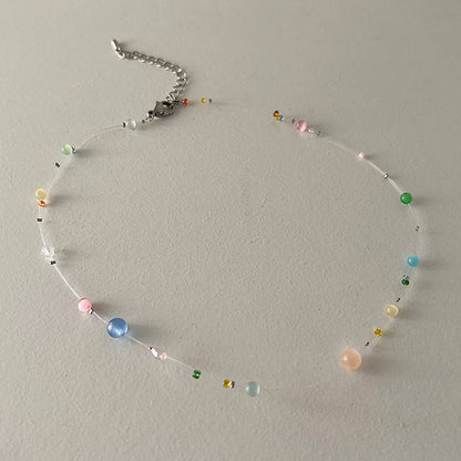 Korean Trendy Invisible Fish Line Beaded Necklace For Women Girls Necklaces 2025 Sweet Cute Clavicle Chains Charm Choker Jewelry