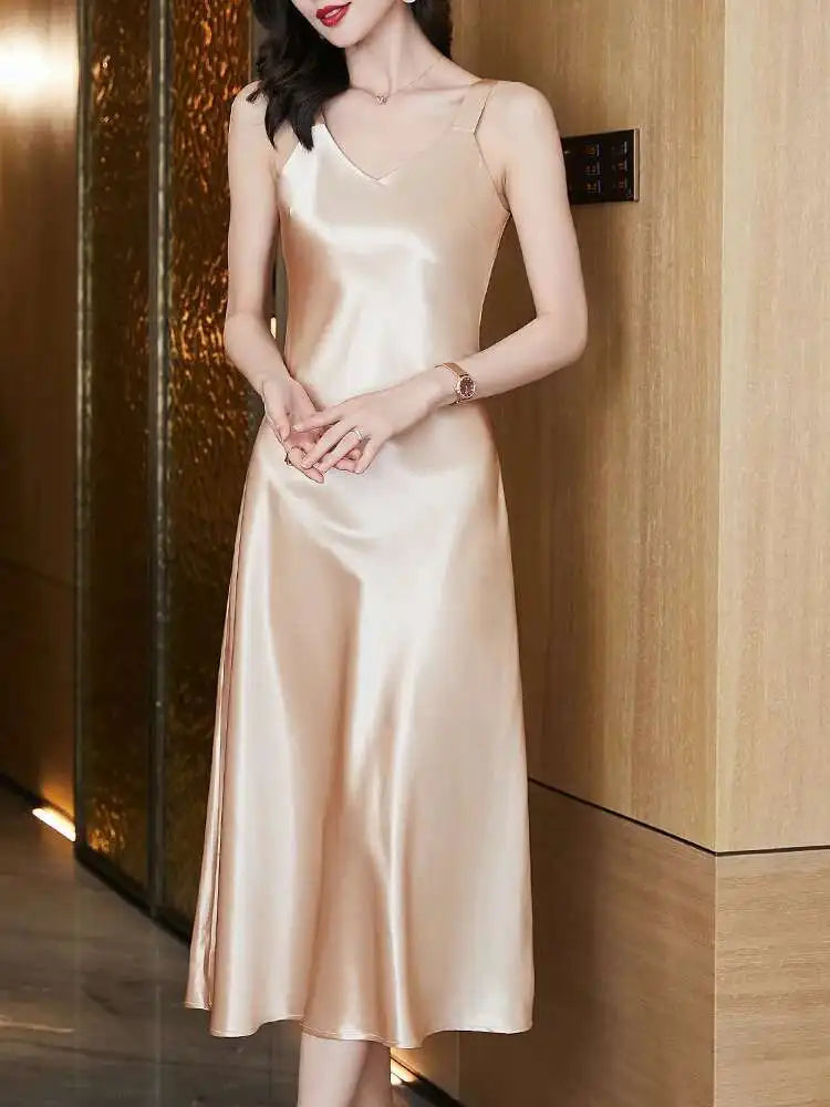 #4930 Sleeveless Spaghetti Straps Midi Satin Dress Women Solid Color V-neck Sexy A-line Party Dresses Women Evening Summer 2025