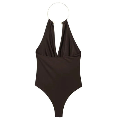 HXAO Halter Neck Bodysuits Sexy Summer Off Shoulder Bodysuit Women Brown Top Ruched Ring Backless Thong Bodysuit Woman One Piece