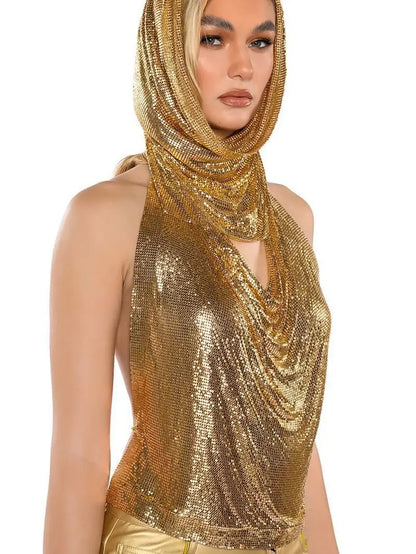 Women Metal Sequins Tank Top With Turban 2 Piece  Sexy V Neck Backless   Suspender Top Rave Festival Party Nightclub Camisole