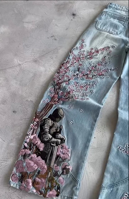 メンズ レディース チェリーブロッサムナイト オール刺繍 デニムパンツ Y2K ヴィンテージ バギー ストリート ストレートジーンズ ハイウエスト ウォッシュ加工 ブルージーンズ