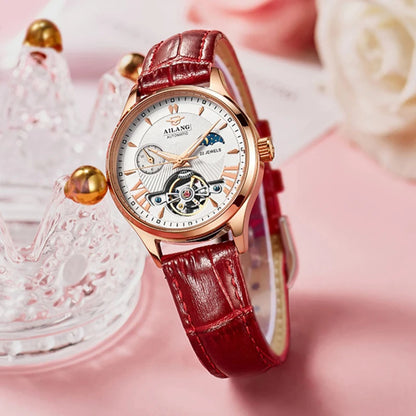 AILANG Luxury Classic Fashion Tourbillon Women Wrist Watch Top Automatic Mechanical Lady Watch Moon Phase Leather Strap Reloj