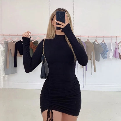 レディース ブラック ボディコン セクシー クラブ ラッフル ドローストリング ミニドレス 長袖 スリムフィット パーティー ショートワンピース 2024