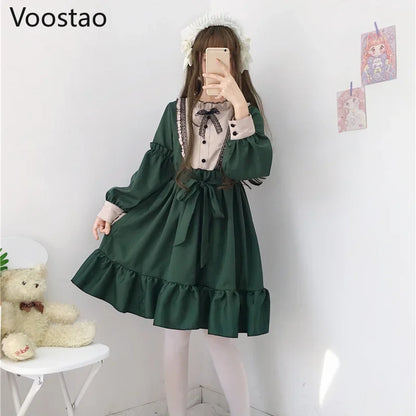 日本のかわいいロリータティーパーティードレスレディースフリル長袖ゴシックリボンレースドレスヴィンテージビクトリア朝の甘いメイドドレス