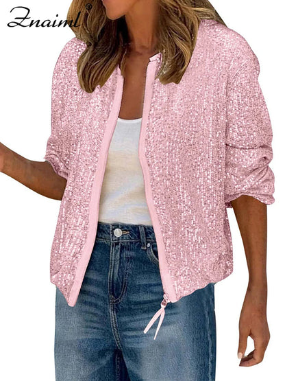 Znaiml Women Luxury Sequin Jacket Y2k Harajuku Green Color Zipper Long Sleeve Short Coat Autumn Winter Ladies Night Clubwear New