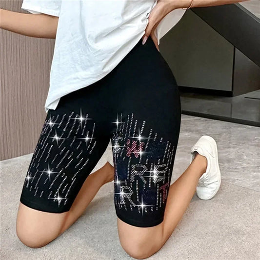 ブラックストレッチラインストーンスキニーホットパンツ レディースレギンス パールレター入り ホットドリル ニー丈伸縮パンツ スリムヨガレギンス