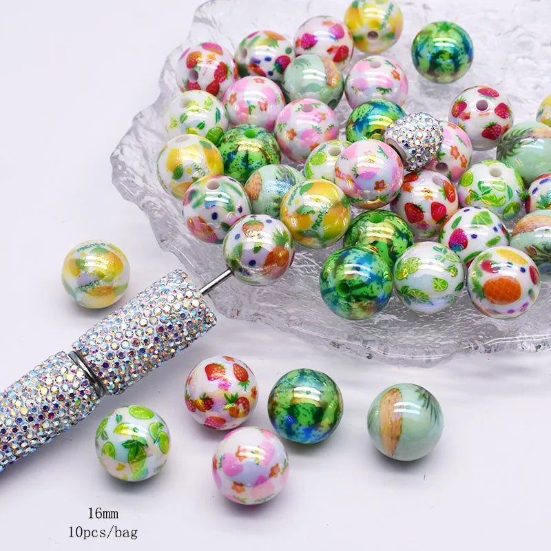 10pcs/bag Acrylic Beads Fashion Hand Drawn Cartoon Painting Loose Beaded DIY Handmade DIY Bracelets Mobile phone chain Bead Pen