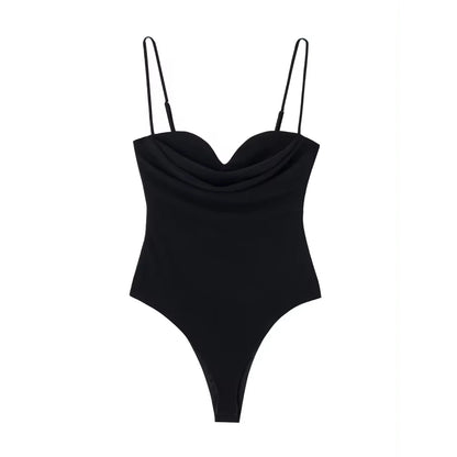 TRZA Women Sexy Fashion With Sweetheart Neck Draped Bodysuits Backless Zipper Thin Straps Female Playsuits Mujer