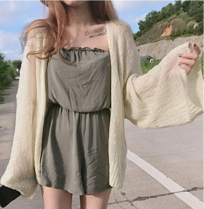 Women's Y2K Korean Cropped Cardigan - Loose Knit Summer Cover-Up for Beach Outfits & Casual Layers