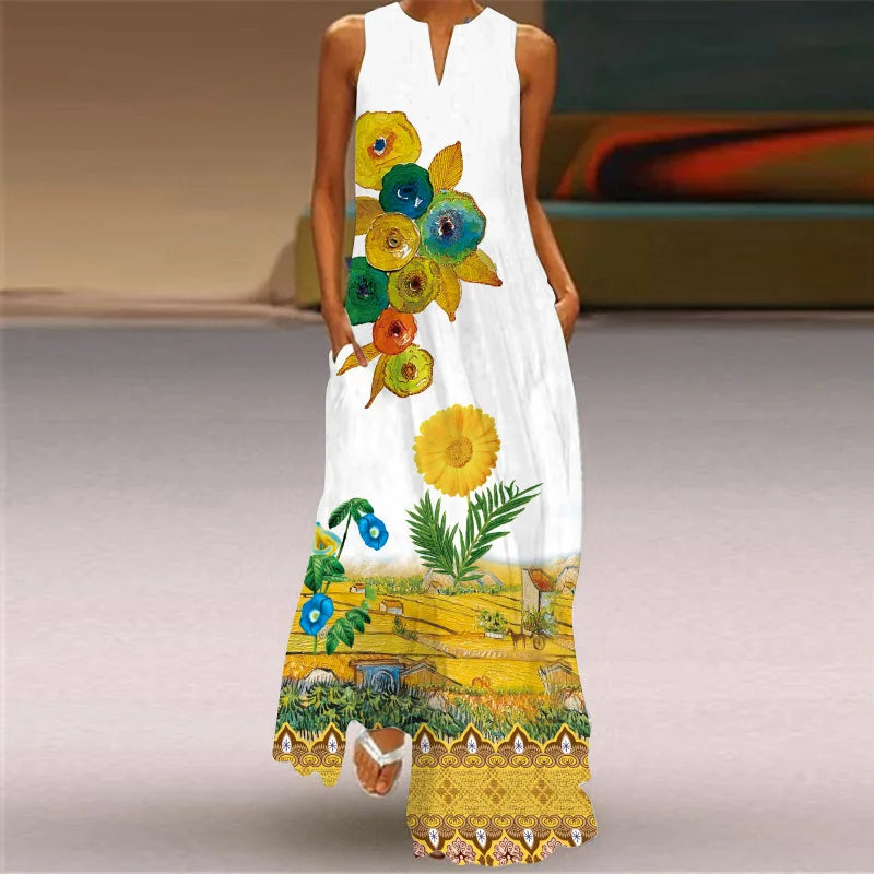 Summer Sexy Maxi Dresses Women Sleeveless V-Neck Robe Party 2025 Retro Loose Beach Vestidos Y2k  S-5XL