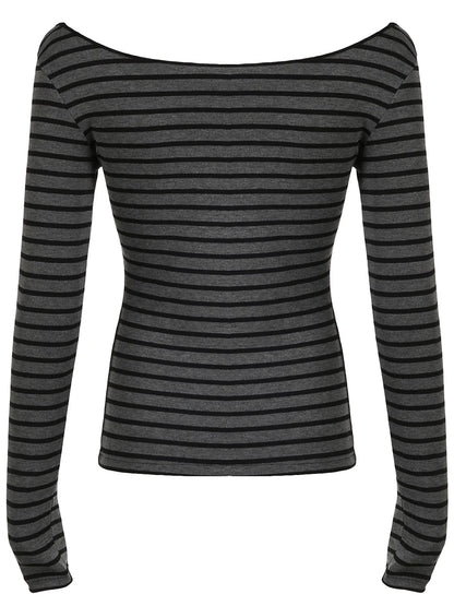 Sweetown Japanese Basic Slim Long Sleeve Stripe Tee Off Shoulder O Neck Korean Street Style Spring Autumn Y2K Gray T Shirt Women