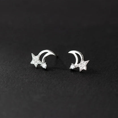 SOFTPIG Real 925 Sterling Silver Zircon Star Moon Stud Earrings For Women Classic Fine Jewelry Minimalist Accessories