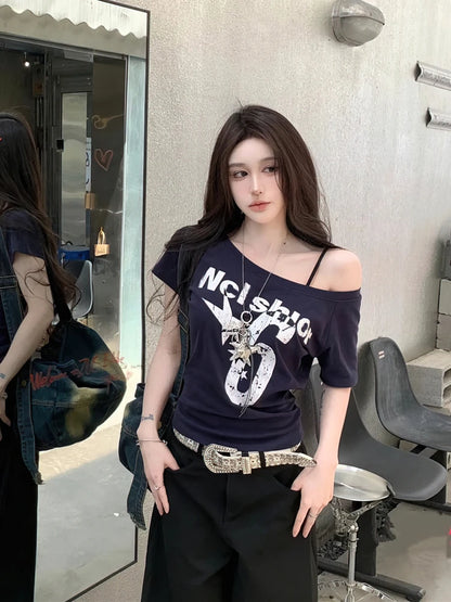 Y2k スポーツ サマー オフショルダー トップ レディース セクシー ヴィンテージ 2000年代 ショートスリーブ Tシャツ レディ ボディ ベーシック クロップトップ 女性 カジュアル