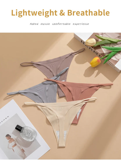 Women's Sexy Lightweight Ice Silk Seamless Knit Thong with Thin Straps - No Show Panty Underwear Lingerie Intimate Apparel