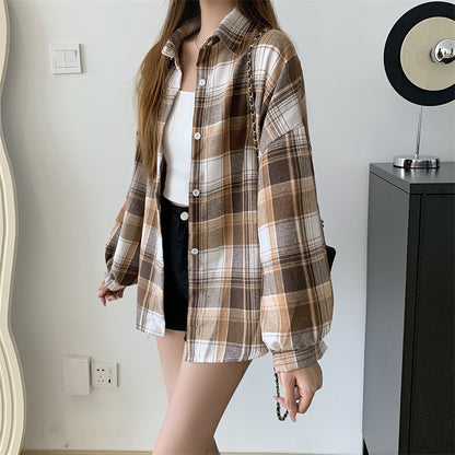 Women Tartan Shirt Long Sleeve Collared Button Up Oversized Plaid Shirt Jacket Grunge Fashion Teenage Girl Spring Summer Outfit
