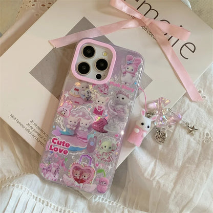 高級レーザーレインボーキュートピンクハートラブキャット漫画電話ケース iPhone 12 13 14 15 16 Pro Max Y2k 3Dふわふわ猫人形ストラップ