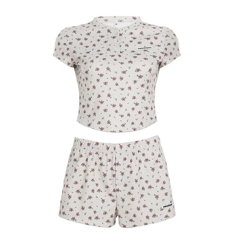 Small Floral Print Texture Knitted Round Neck Button Pullover Short Sleeve Top High Waist Shorts Casual Suit for Women