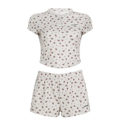 Small Floral Print Texture Knitted Round Neck Button Pullover Short Sleeve Top High Waist Shorts Casual Suit for Women