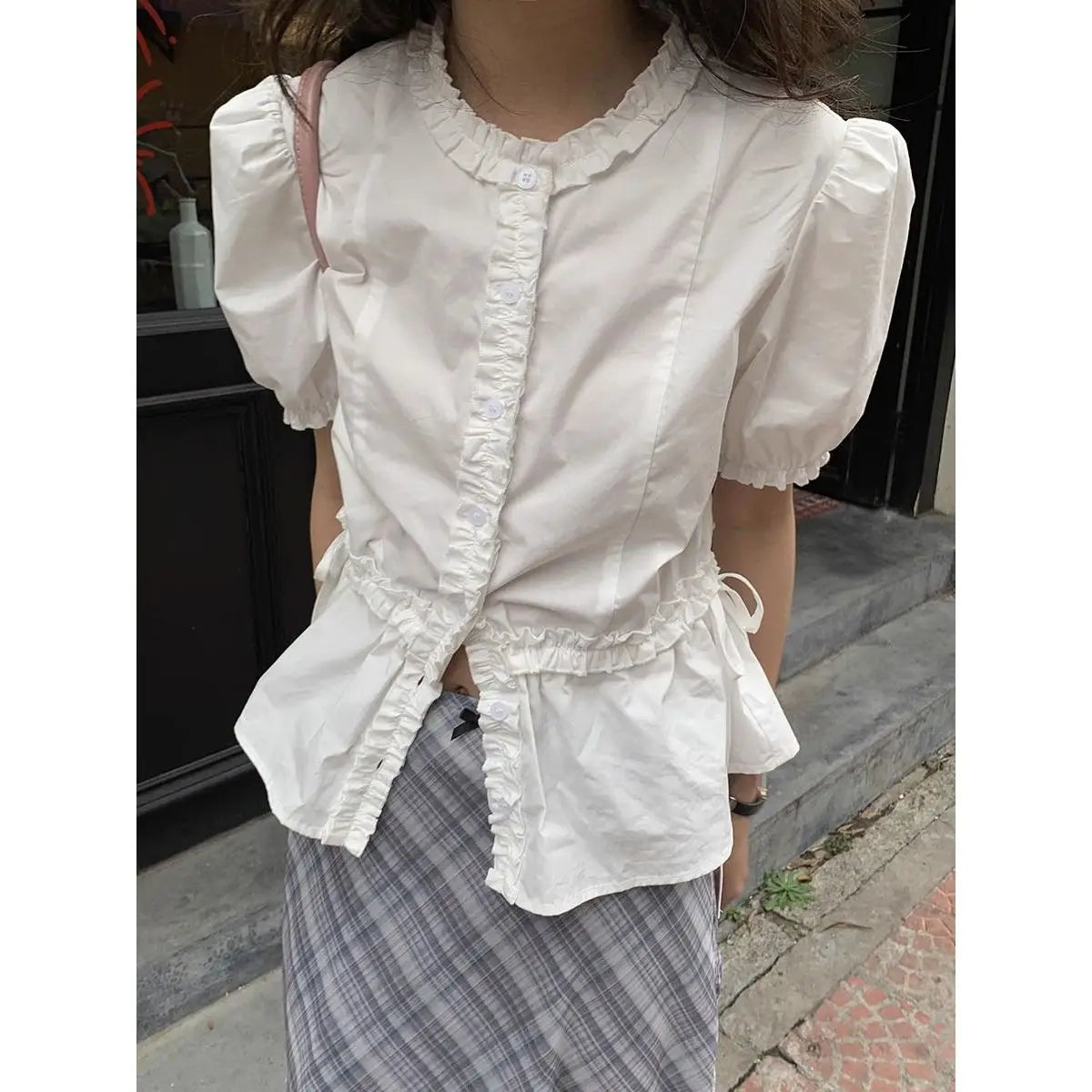 Women French Gentle Style Fungus Edges O-neck Puff Short-sleeved Shirts Summer Lace-up Bow Waist Slimming Single Breasted Blouse