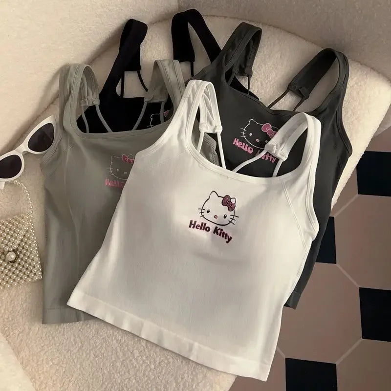 Hello Kitty Sanrio Fashion Clothing Y2K Top with Breast Pad Cute Top Girl Summer Cool Cropped Top White Sexy Suspender Girl Gift