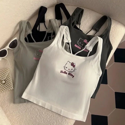 Hello Kitty Sanrio Fashion Clothing Y2K Top with Breast Pad Cute Top Girl Summer Cool Cropped Top White Sexy Suspender Girl Gift