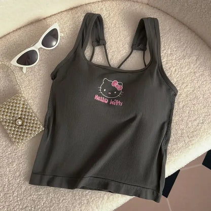 Hello Kitty Sanrio Fashion Clothing Y2K Top with Breast Pad Cute Top Girl Summer Cool Cropped Top White Sexy Suspender Girl Gift