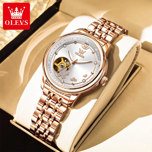 OLEVS Brand Women's Watches Fashion Elegant Original Automatic Mechanical Watch for Lady Luxury Hollow Tourbillon Wristwatch
